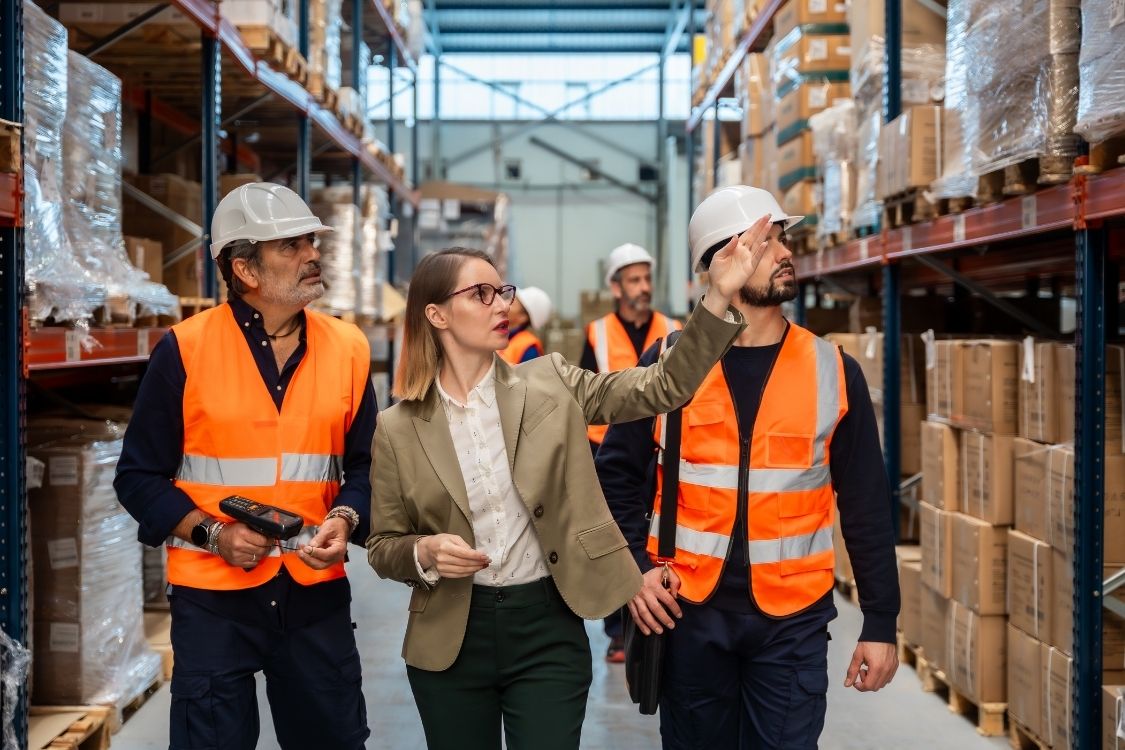 Container Loading & Unloading Next steps supply chain support Warehouse team pointing at stock